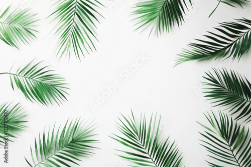 Explore soft green palm leaf silhouettes in a minimalist tropical pattern on a bright white background, showcasing natural beauty and tranquility