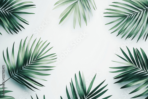 Minimalist tropical pattern of soft green palm leaves with watercolor texture on a clean white background