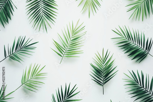 Minimalist tropical pattern featuring soft green palm leaf silhouettes on a white background for serene decor