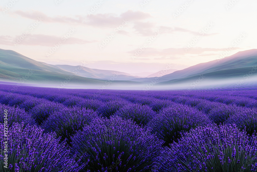 Misty morning in a vast lavender field with rolling hills under a pastel sky Misty morning in a vast lavender field with rolling hills under a pastel sky