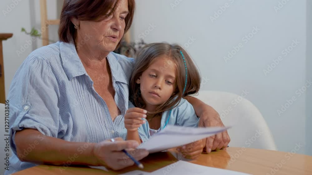 Grandmother is seated at a table, guiding her granddaughter through homework assignments with a caring approach. They share a moment of connection while studying together. Grandmother is seated at a table, guiding her granddaughter through homework assignments with a caring approach. They share a moment of connection while studying together.