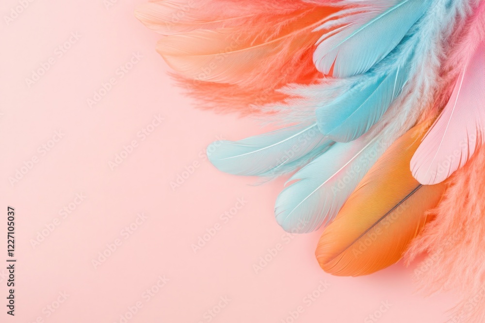 Naklejka premium cluster of multicolored feathers gracefully trickles downwards weaving rich tapestry of patterns against softest pastel