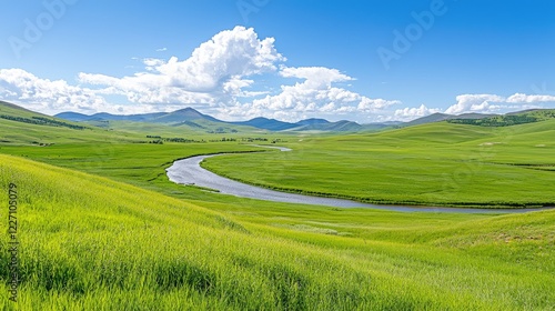 Serpentine river meandering through lush green valley under a blue sky with fluffy clouds photo