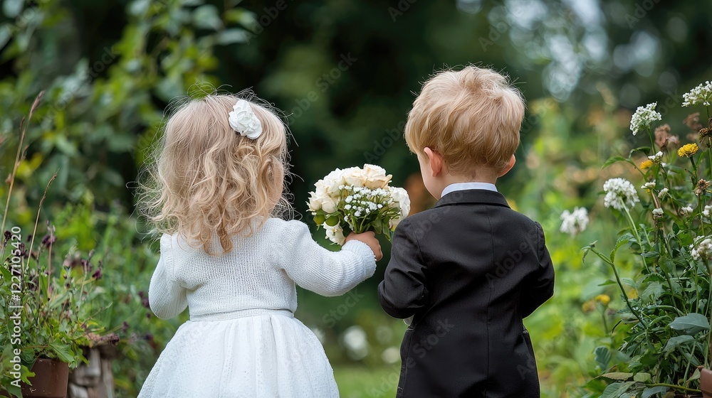 Toddler flower girl and ring bearer walk down aisle in garden