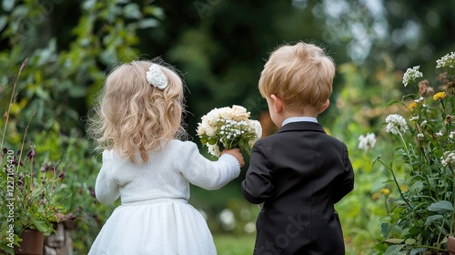 Obraz na płótnie Toddler flower girl and ring bearer walk down aisle in garden w salonie