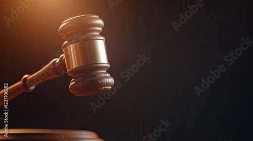 dramatic close-up of auctioneer wooden gavel about to strike signifying final bid with copy space