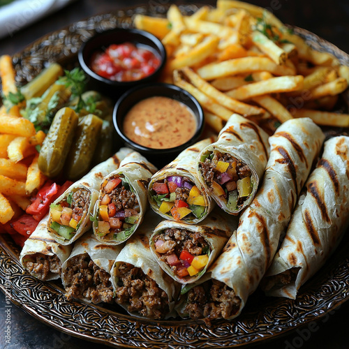 Grilled shawarma wraps with fries, dips, and pickles on a platter