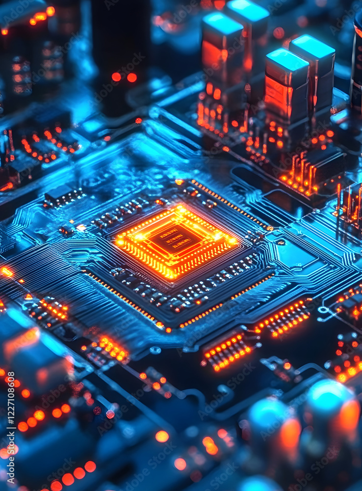 Fototapeta premium Hightech Circuit Board with Glowing Microchip and Blue Connections :