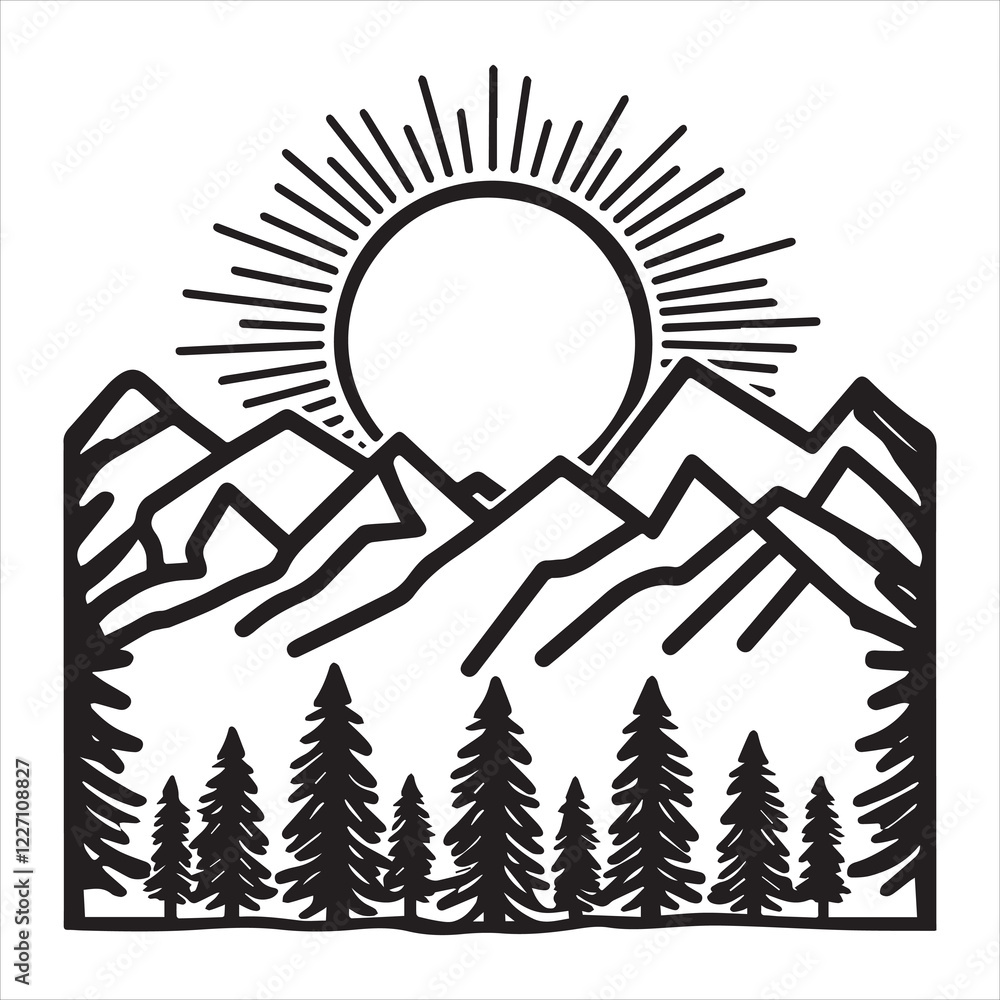 Black-and-white illustration of a mountain range with a line of pine trees in the foreground Black-and-white illustration of a mountain range with a line of pine trees in the foreground