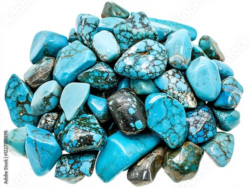 Pile of Small Polished Turquoise Gemstones with Intricate Black Matrix Patterns photo