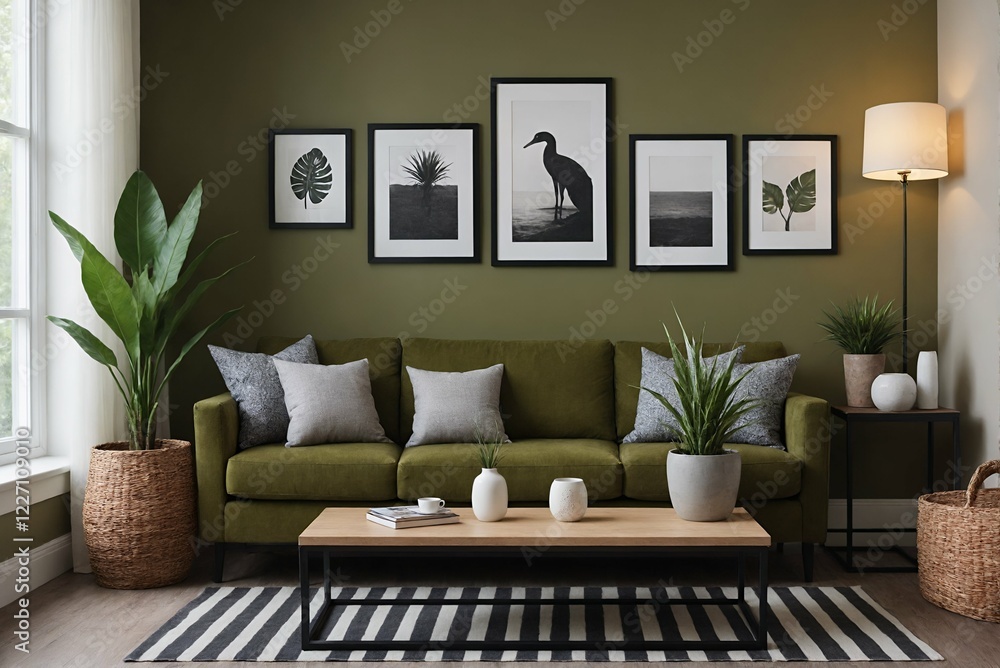 Naklejka premium A modern Scandinavian-inspired living room with a green designer sofa set and photo frames is displayed on the wall 3d illustration interior design image.