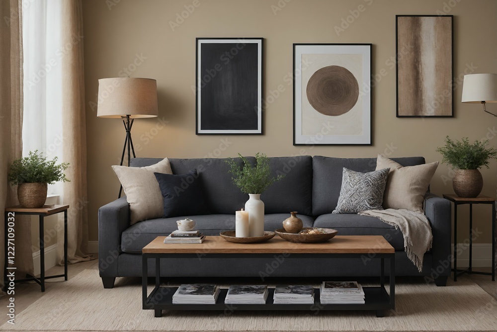 Naklejka premium A modern Scandinavian-inspired living room with a designer sofa set and photo frames is displayed on the wall 3d illustration interior design image.