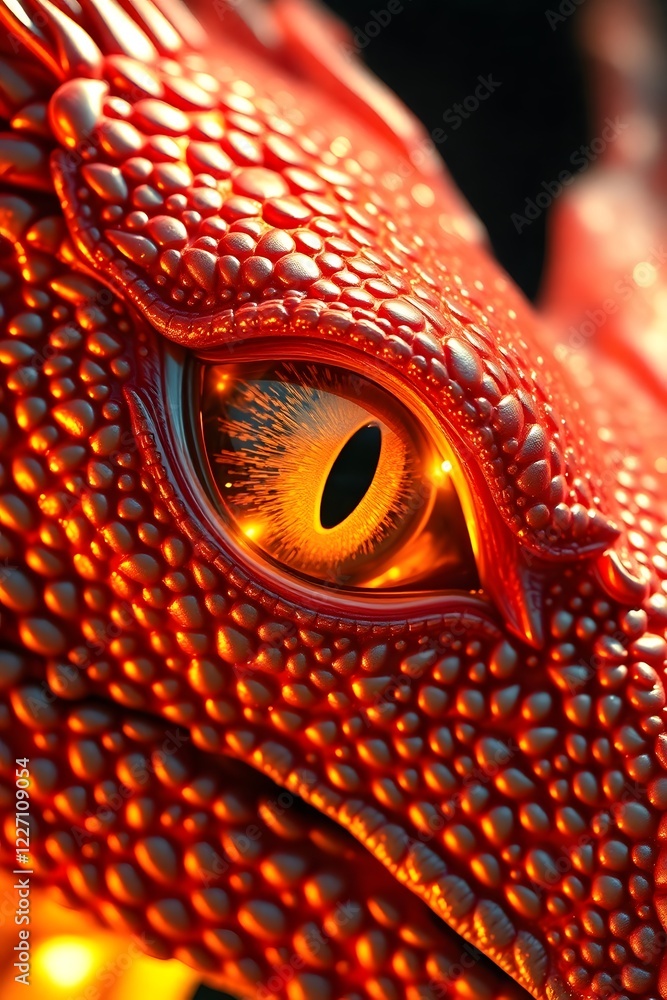 Fototapeta premium A flickering dragon’s eye, glowing with the reflection of flames in its depths.