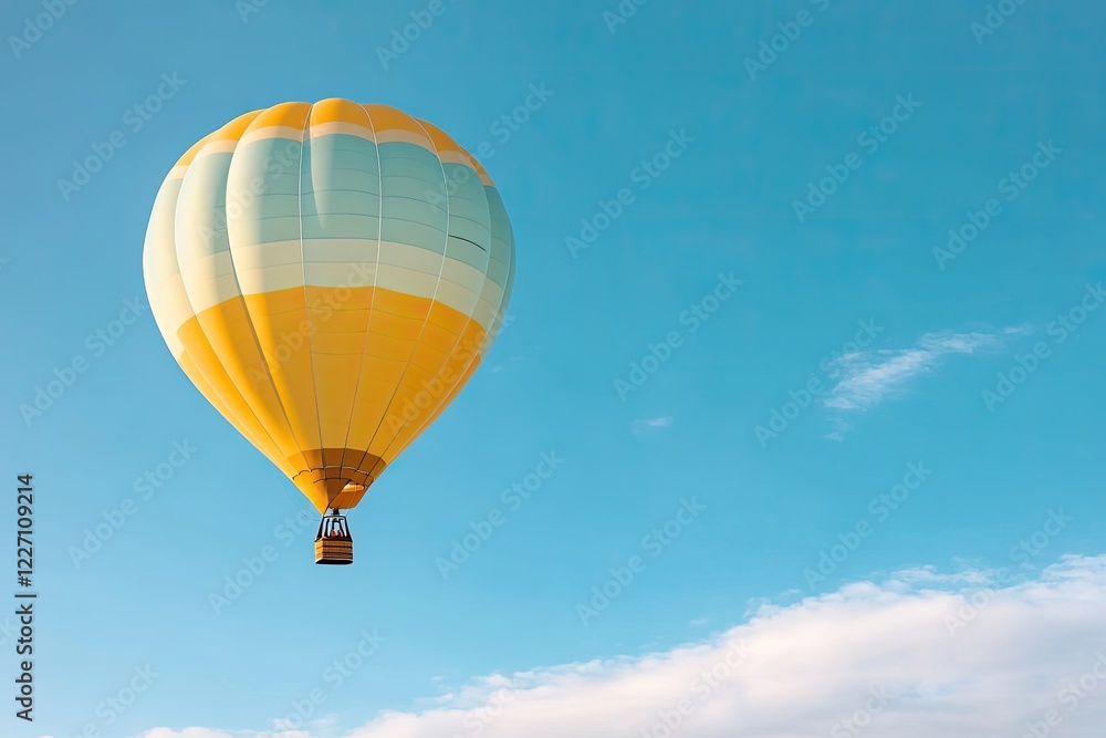 Naklejka premium hot air balloon drifts serenely across vast cloud-filled sky its hues vibrant against gentle backdrop