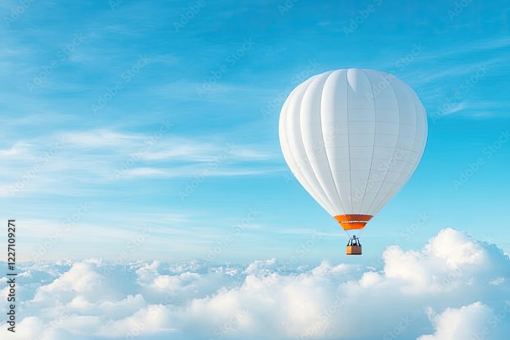 Naklejka premium hot air balloon drifts serenely across vast cloud-filled sky its hues vibrant against gentle backdrop