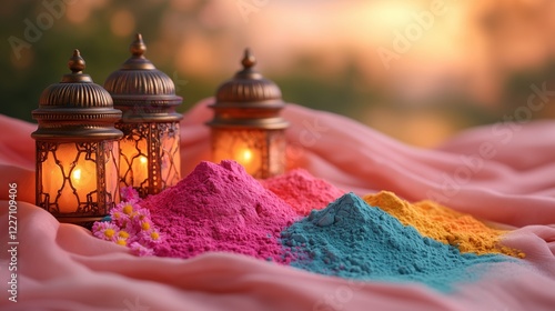 **A serene scene of colorful Holi powders resting on a beautifully woven fabric, with traditional Indian lanterns in the softly blurred background. photo