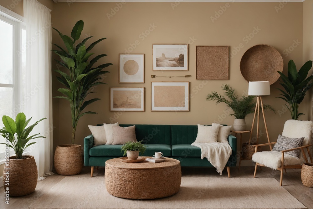 A modern Scandinavian-inspired living room with a designer sofa set and photo frames is displayed on the wall 3d illustration interior design image. A modern Scandinavian-inspired living room with a designer sofa set and photo frames is displayed on the wall 3d illustration interior design image.