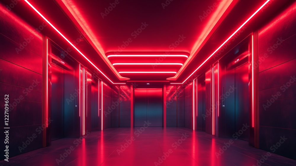 Mysterious Long Corridor Bathed in Eerie Red Lights Creating an Atmospheric and Haunting Scene Evoking Feelings of Intrigue Fear and Uncertainty in a Dimly Lit Environment Mysterious Long Corridor Bathed in Eerie Red Lights Creating an Atmospheric and Haunting Scene Evoking Feelings of Intrigue Fear and Uncertainty in a Dimly Lit Environment