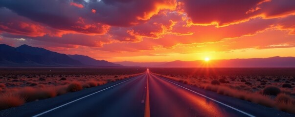 Crédence de cuisine Bordeaux Fiery sunset paints the vast Utah landscape, deserted highway vanishes into the distance , scenic, vibrant  © photohappy