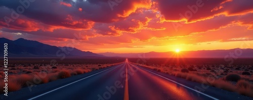 Fiery sunset paints the vast Utah landscape, deserted highway vanishes into the distance , scenic, vibrant photo