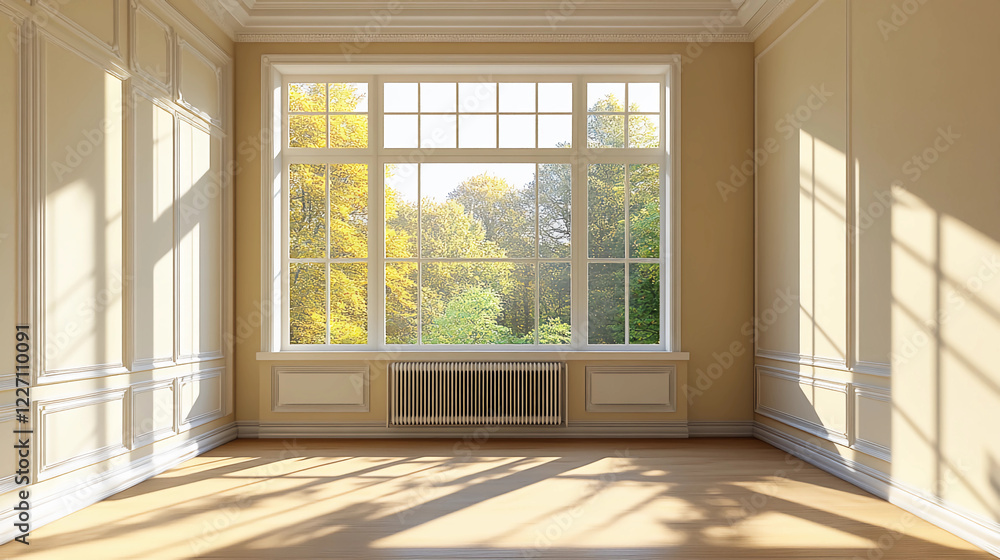 Fototapeta premium an empty room with a large window and a radiator