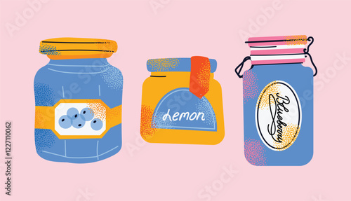 Collection of colorful jam jars with fruit labels isolated on a pink background. Set of fruit jams in glass jars in cartoon style. Hand-drawn flat vector illustration. Homemade marmalade jars.