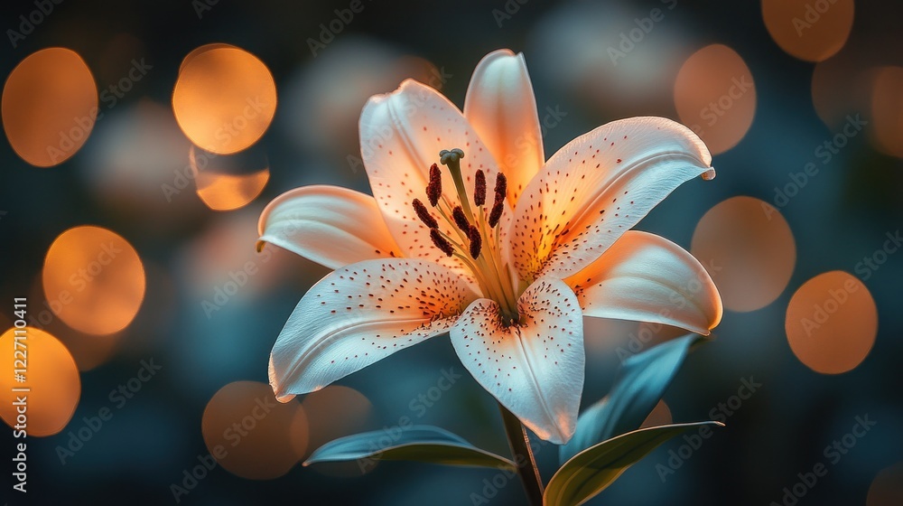 Fototapeta premium Close-up of a speckled, cream-colored lily against a bokeh background.