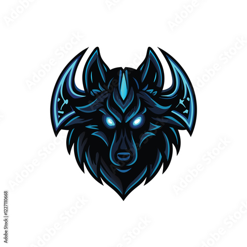 Create a digital painting of a dark wolf's head, glowing with a mystical, neon blue aura.  Emphasize sharp details and a dramatic, atmospheric effect.