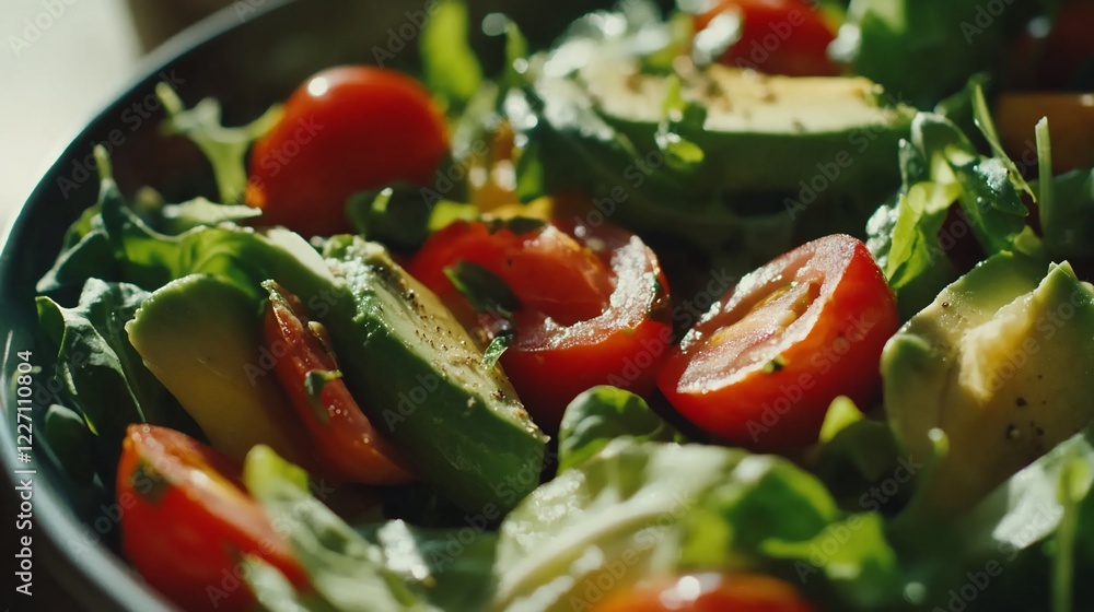 Close-up view of a vibrant and healthy salad featuring fresh tomatoes, creamy avocados, and crisp lettuce Close-up view of a vibrant and healthy salad featuring fresh tomatoes, creamy avocados, and crisp lettuce