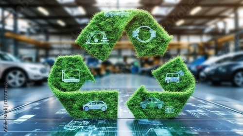 Green Recycling Symbol with Eco-Friendly Icons in Modern Garage