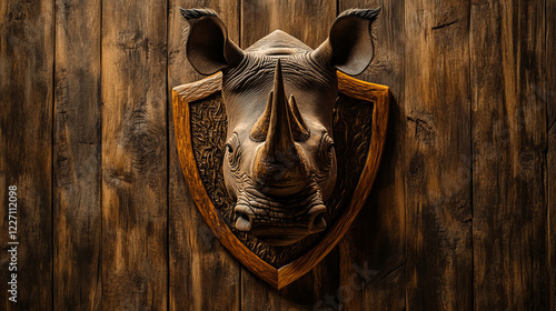 Wild animal hunt icon. Hunting sport club sign. Safari african wild rhinoceros. Hunter team sport entertainment adventure round shield photo