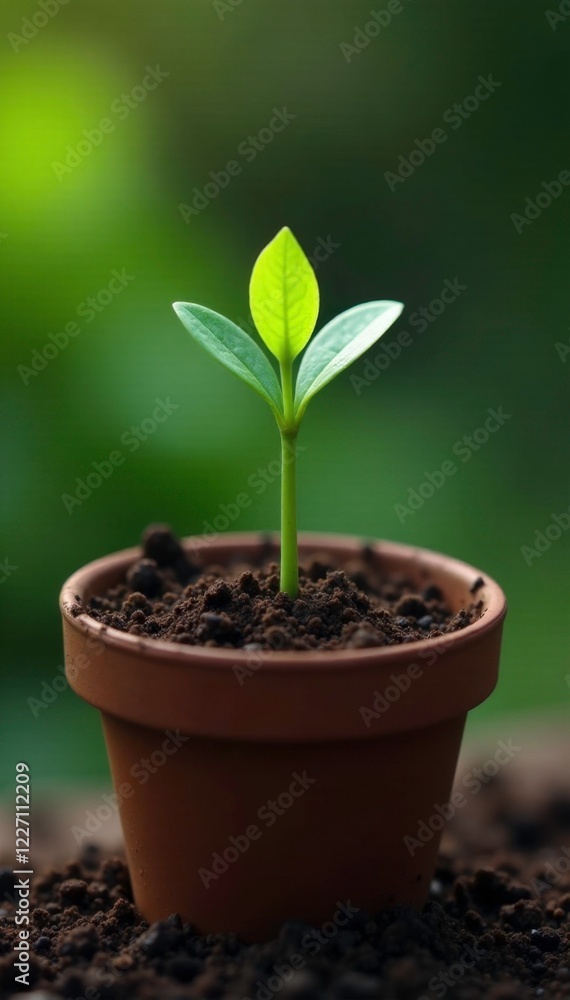Small green sprout with tender leaves in a pot filled with organic fertilizer and compost, fertilizer, growth, flowers Small green sprout with tender leaves in a pot filled with organic fertilizer and compost, fertilizer, growth, flowers