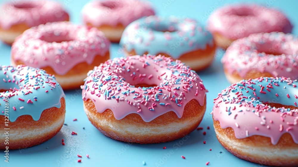 Several pink and blue frosted donuts with sprinkles on a blue background Several pink and blue frosted donuts with sprinkles on a blue background
