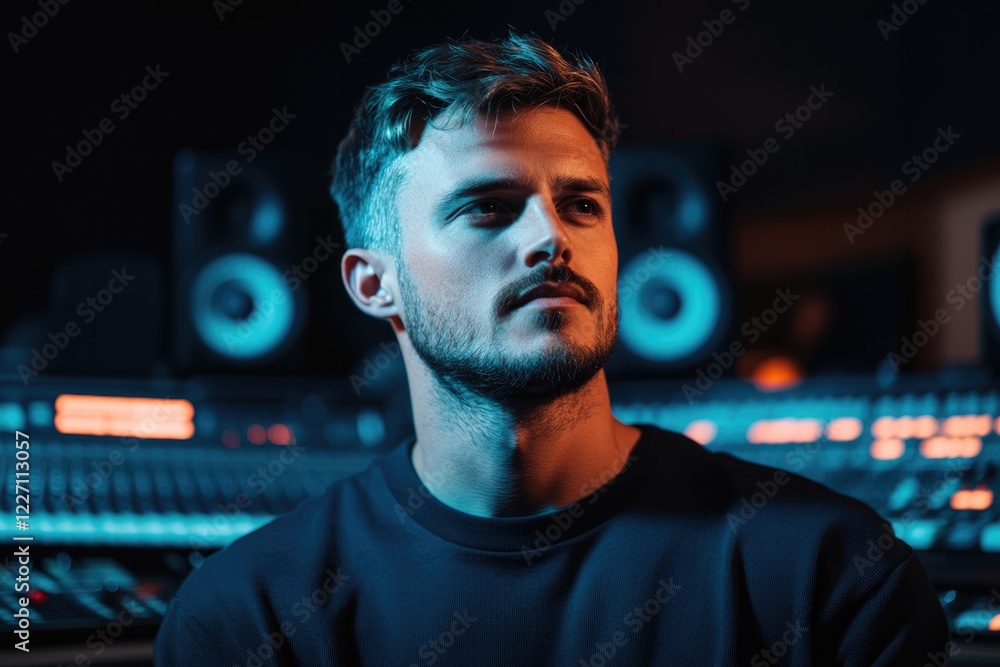 portrait of music producer in professional studio surrounded by mixing consoles and synthesizers deep in concentration portrait of music producer in professional studio surrounded by mixing consoles and synthesizers deep in concentration