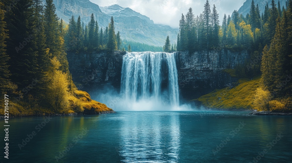 Fototapeta premium Majestic Waterfall Cascading into a Serene Lake Surrounded by Lush Forest and Mountain Peaks