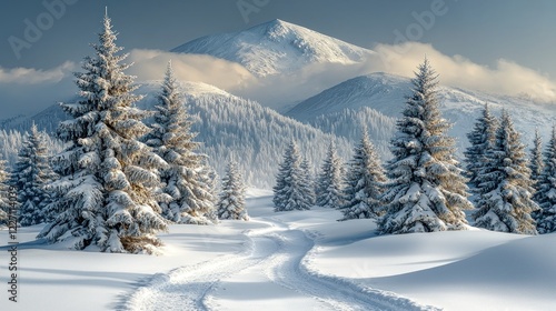 Snowy path through forest with snow covered mountains and clouds in background
