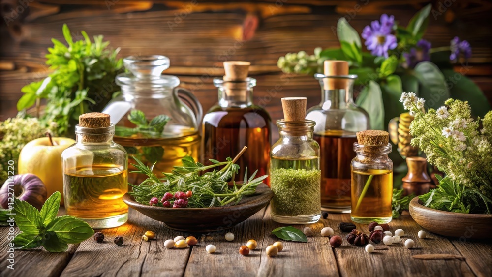 Aromatic oil blending with herbs on wooden table, apothecary, aromatic, apothecary, aromatic, botanical art, herbal Aromatic oil blending with herbs on wooden table, apothecary, aromatic, apothecary, aromatic, botanical art, herbal