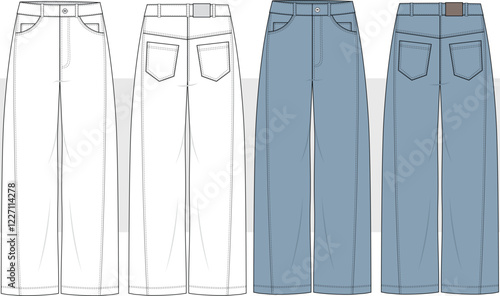 Unisex Baggy jeans, Boyfriend Jeans, Mom-fit Jeans, Denim Pants Front and Back View. Fashion Flat Sketch Vector illustration, CAD, Technical Drawing, Flat Drawing, Template, Mockup.