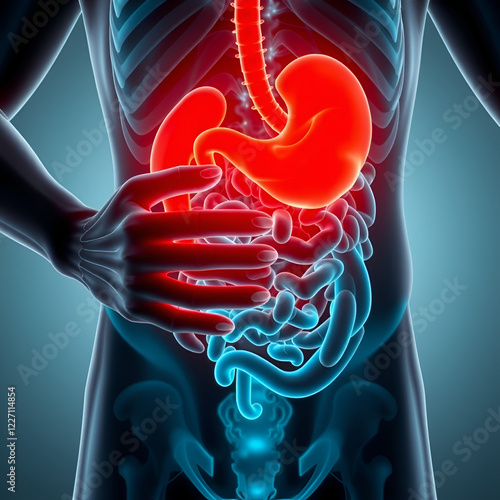 Stomachache Pain or painful stomach ache as an abdominal illness as Crohn's disease or IBS and Ulcers representing intestinal inflammation or bloating. photo