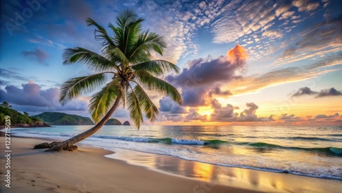 A lone palm tree stands tall on a serene Seychelles beach at sunrise, with gentle waves gently lapping at its roots , calm