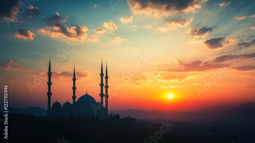 Sunset silhouette mosque hilltop city photo