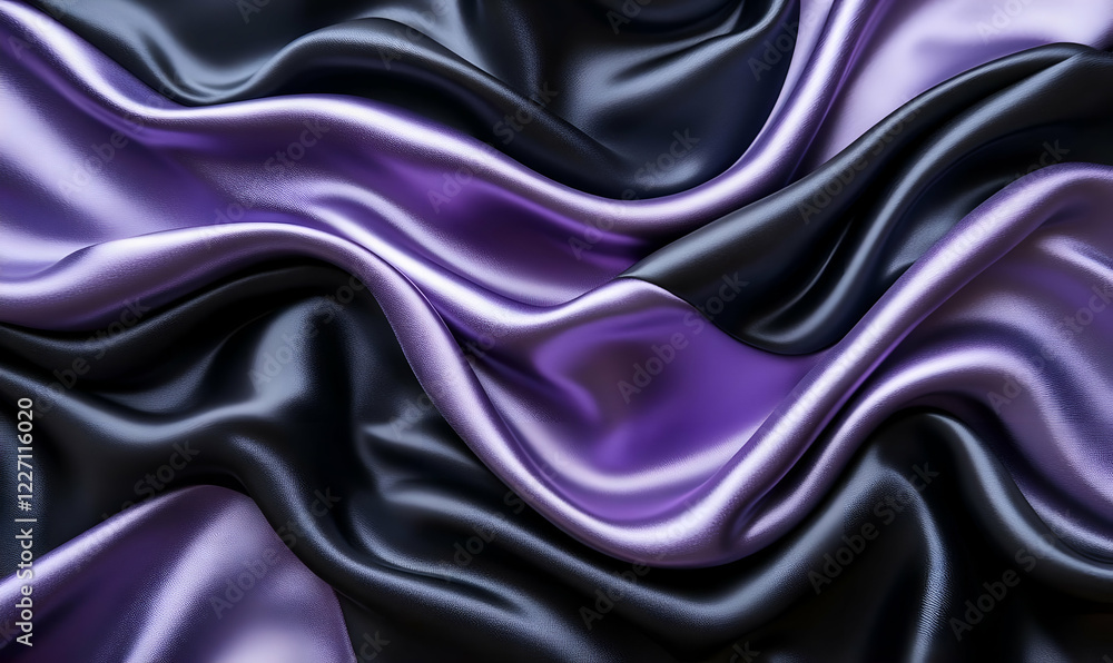 Fototapeta premium Purple and black silk fabric drapes, studio shot, flowing waves, luxury textile background