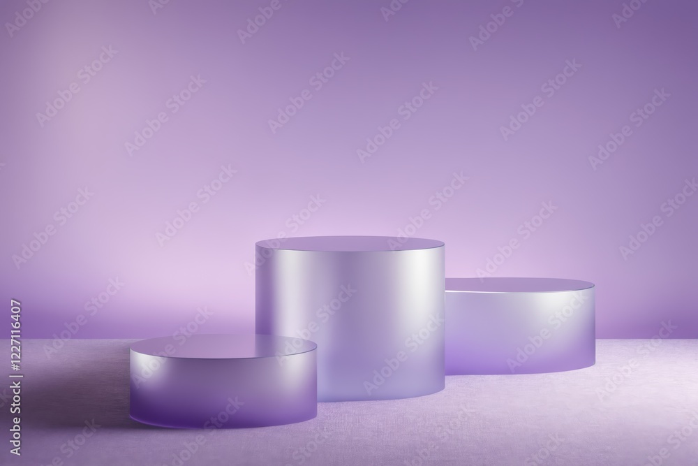 Three cylindrical podiums display on purple background Three cylindrical podiums display on purple background