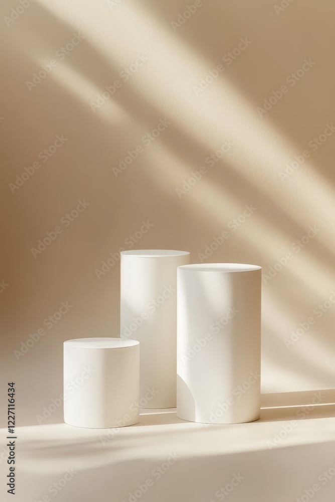 Three white cylindrical podiums on beige background with sunlight shadows. Three white cylindrical podiums on beige background with sunlight shadows.