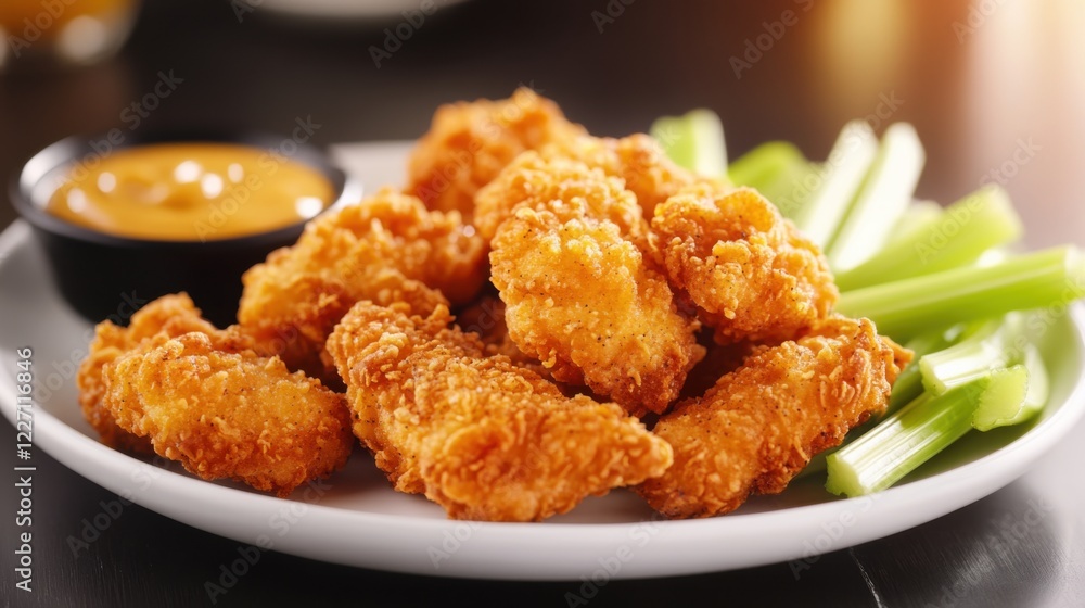 A delicious plate of crispy chicken tenders with a golden breading, served with a side of honey mustard dipping sauce and a few celery sticks, Chicken tenders centered A delicious plate of crispy chicken tenders with a golden breading, served with a side of honey mustard dipping sauce and a few celery sticks, Chicken tenders centered
