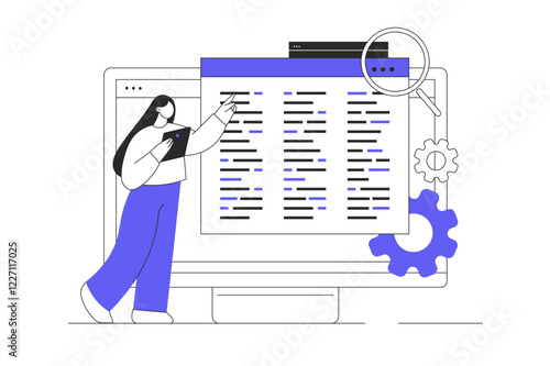 Backend development coding and programming. Web developer creating program code on monitor screen. Flat Cartoon Vector Illustration, icon. Stylish abstract 
