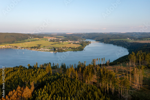 Bleiloch Dam in Thuringia, Germany in summer from the air with SUP