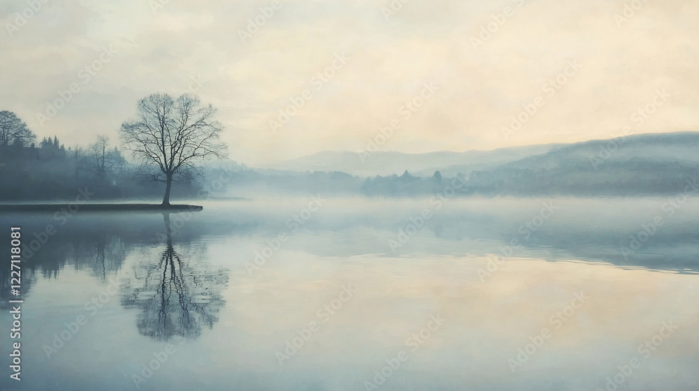 Fototapeta premium Serene lakeside landscape at dawn with mist over water, silhouetted tree, and distant mountains