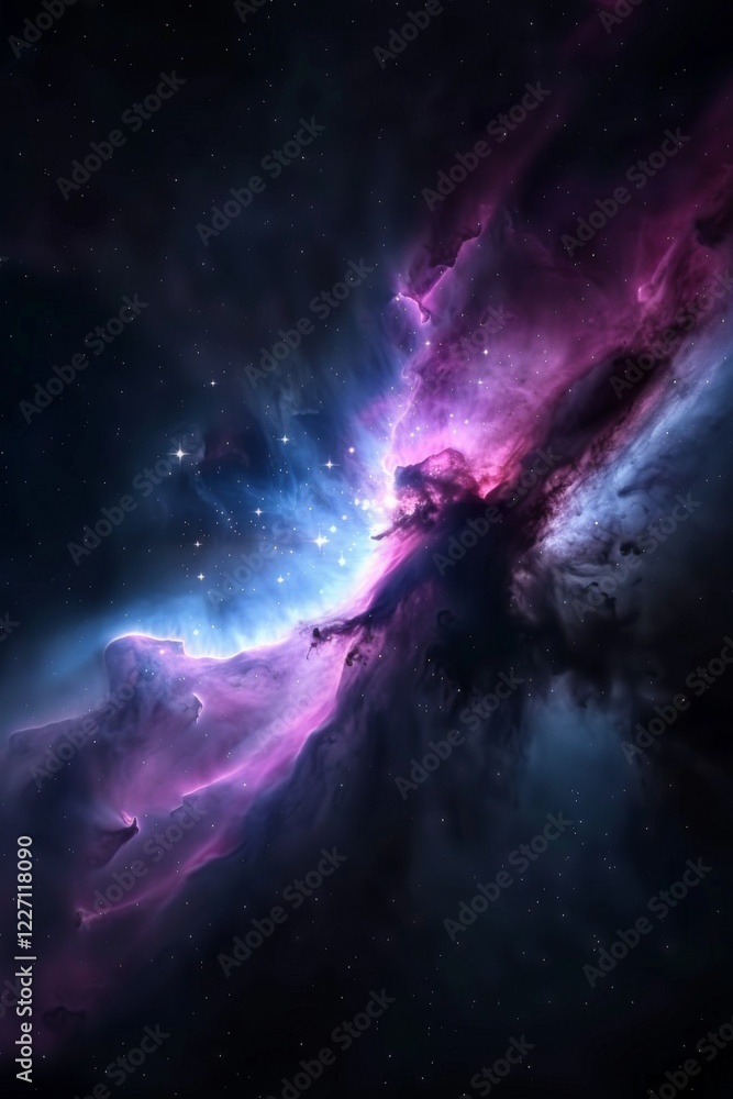 Vibrant nebula gas clouds, glowing in shades of purple and pink. Nebulae, galaxies in space. Abstract cosmos background.