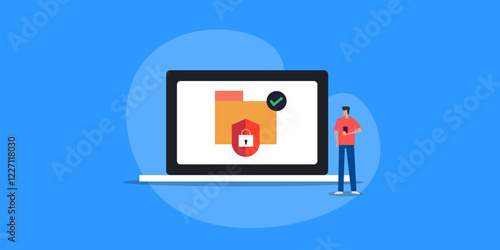 Secure folder or file, access permission control. Data safety and protection concept with people character, vector illustration.
